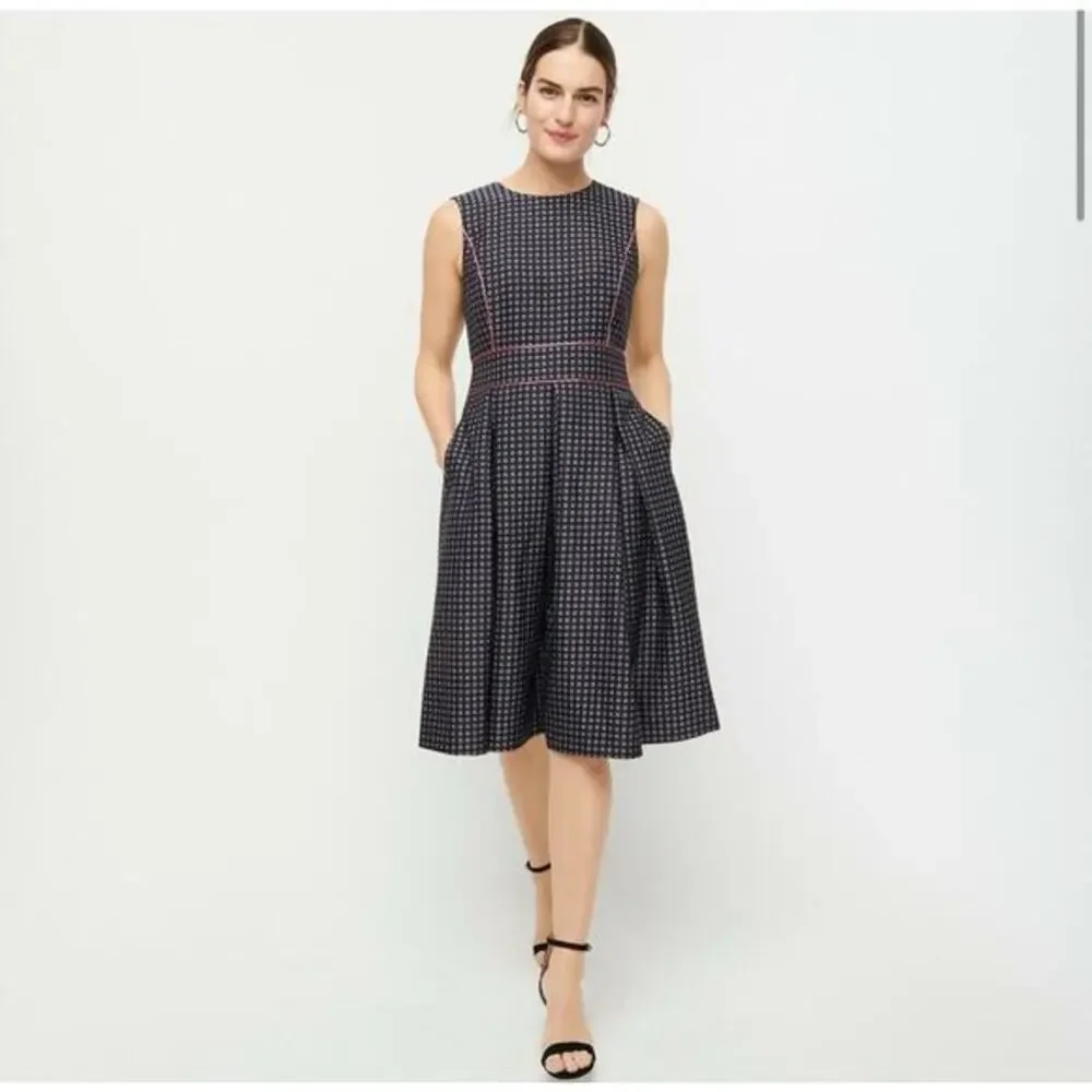 NWT J. Crew Navy Pink Pleated Full-skirt Jacquard Dress 00 Classy Career‎ Retro